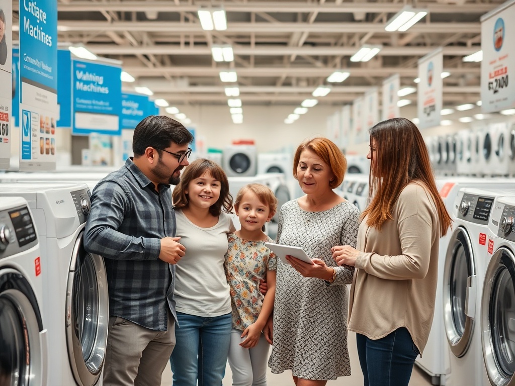 O familie alegând o mașină de spălat într-un magazin, examinând informații pe o tabletă.