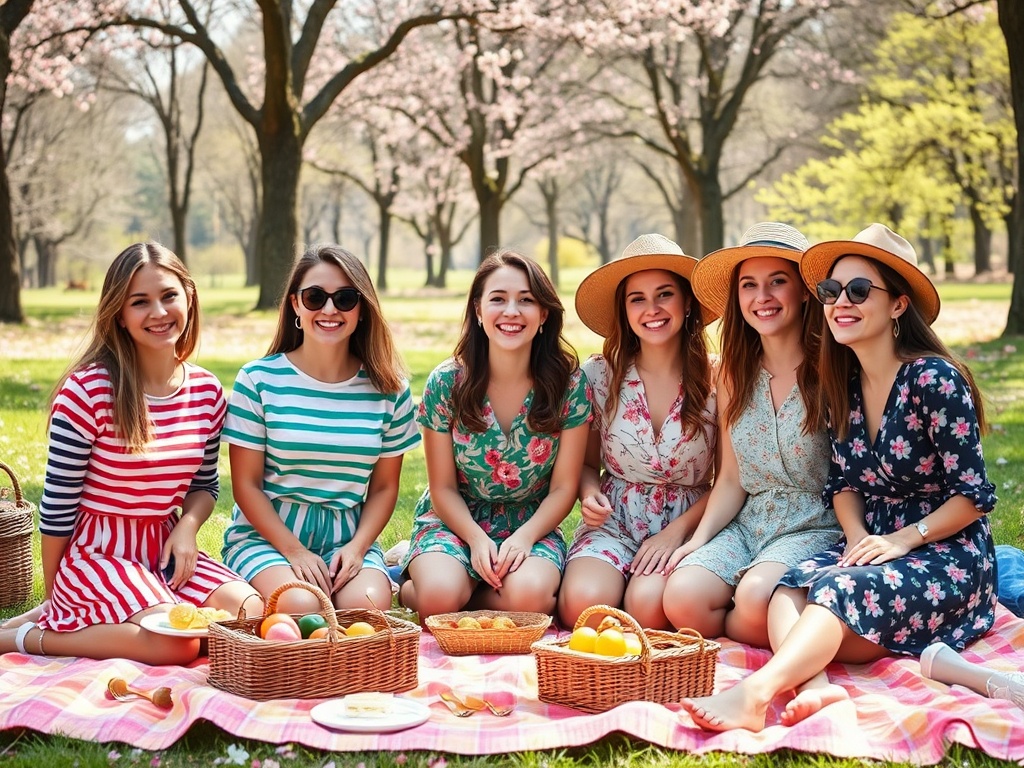 Șase femei zâmbitoare stau pe o pătură la un picnic, înconjurate de pomi înfloriți și coșuri cu fructe.