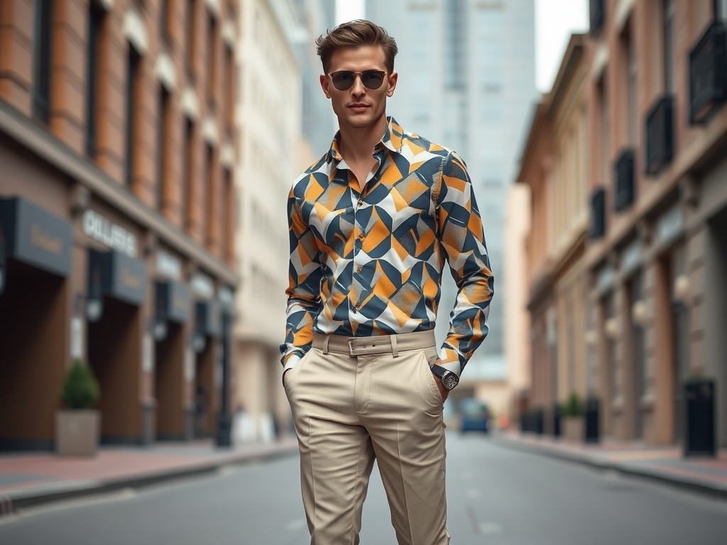 Bărbat stylish într-o cămașă cu model geometric, purtând ochelari de soare, pe o stradă urbană.