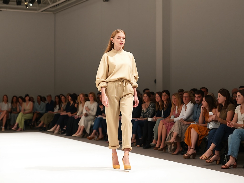 O tânără modește o ținută bej pe un podium, în fața unui public atent la fashion show.