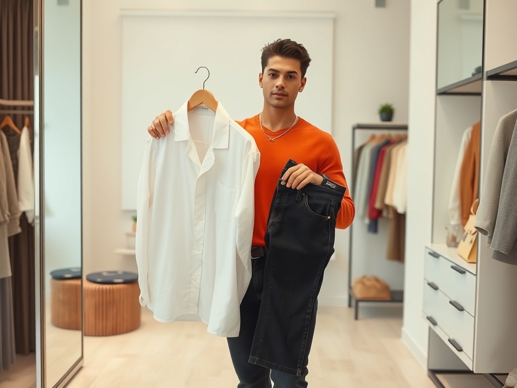 Un tânăr cu un tricou portocaliu ține în mână o cămașă albă și o pereche de blugi într-un magazin de haine.