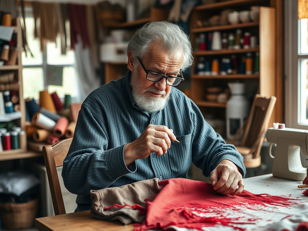 Bărbat cu păr alb, cusând cu o ac în atelier, înconjurat de material și un suport de cusut.